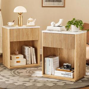 Modern Fluted Nightstand Set of 2 for Bedroom, Mid Century Bedside Table Set with Marble Top & Drawer, Wood End Table, 2 Farmhouse Night Stands for Guest Room, Hallway, Oak