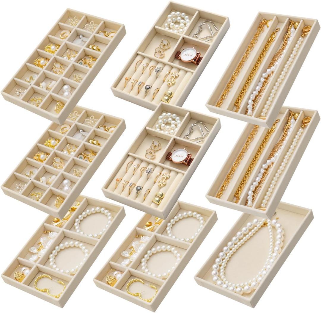 Stackable Jewelry Organizer Trays Set of 9, Small Velvet Jewelry Organizers Earring Necklace Ring Bracelet Display Case Storage for Drawer Dresser (Beige)