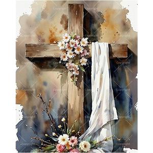 Religious Paint by Numbers Kit for Adults - DIY Cross with Flowers and Cloth Painting on Canvas, Acrylic Paint Set, Suitable for Beginners, Religious Art for Home Decoration or Gifts(16X20IN Framed)