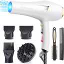 Professional Ionic Hair Dryer AC Motor Fast Drying Salon Blow Dryer with Diffuser, Comb, Nozzle, Concentrator, for Curly and Straight Hair, 2 Speed & 3 Heat Setting, Cool Button(White)
