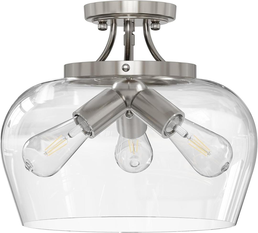 VONLUCE Semi Flush Mount Ceiling Light, 13.8" Ceiling Light Fixture with Clear Glass Shade, E26 Base, 3-Bulb Industrial Lighting Fixture for Hallway Entryway Bedroom, Brushed Nickel, ETL Certificated
