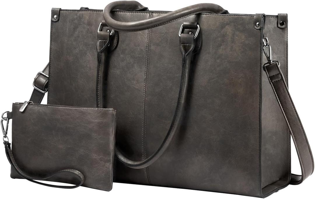 LOVEVOOK Laptop Tote Bag for Women, 15.6 Inch Large Capacity Vintage Leather Work Computer Bag, Business Casual Shoulder Handbag, Black Coffee