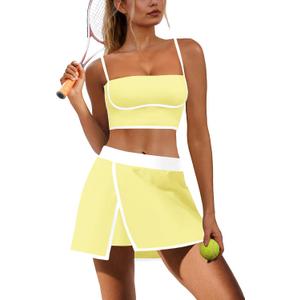 Nirovien Womens Workout Sets 2 Piece Tennis Skort Sets Golf Athletic Outfits Sports Bra and Skirt Gym Yoga Clothes (Yellow, L)