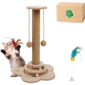 4-in-1 Wooden Cat Scratcher Toy,Cat Scratching Post&2-Level Track Tower With 8 Balls&2 Sisal Ball&2 Cat Wand Toy,Indoor Cat Activity Center For Cats Of All Ages And Body Types (11.8"L x 11.8"W x 19"H)