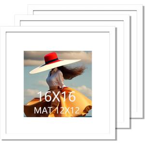 16x16 Picture Frame 3 Pack White Solid Wood for Mat 12x12 Wall Mounting Square Poster Frames