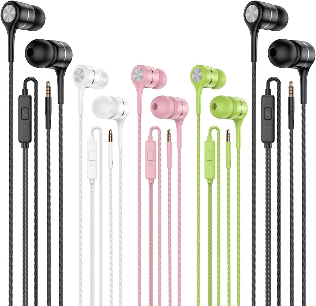 Earbuds Earphones with Microphone, 5 Pack Wired Heavy Bass Headphones, Earphone with Noise Isolating, Fits 3.5mm Interface for iPad, Desktop (Green+Black+White+Black+Pink)