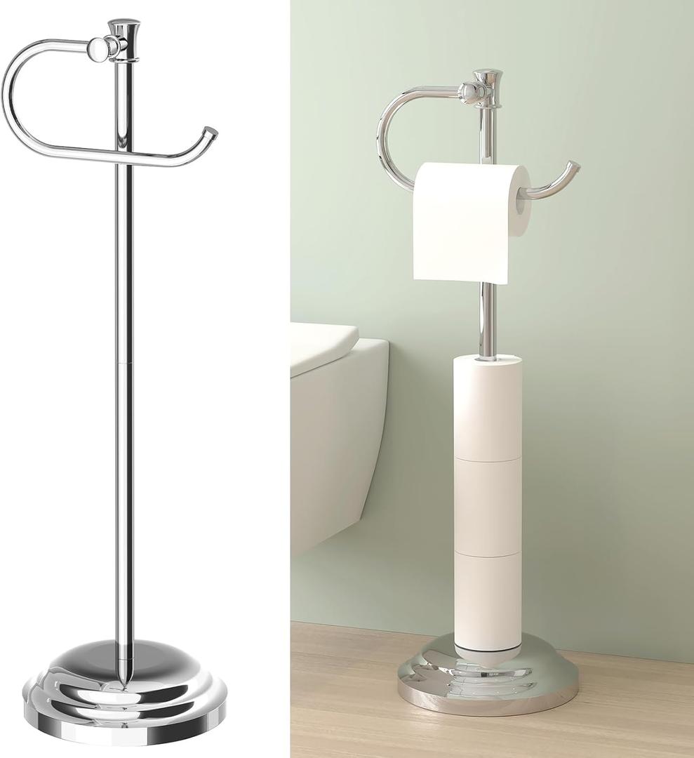 Hoimpro 25" Toilet Paper Holder Free Standing, Floor Bathroom Toilet Paper Tissue Roll Holder with Shelf Storage Stand for 4 Rolls, Freestanding Handle Hardware Accessories Rack Polished Chrome