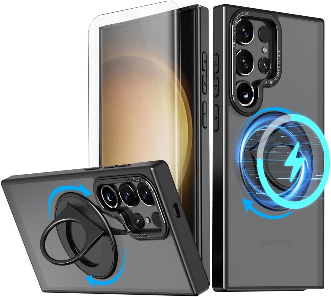 Design For Samsung Galaxy S23 Ultra Phone Case with Tempered Glass Screen Protector [Compatible with MagSafe] Wireless Charging 360 Rotatable Invisible Kickstand Protective Cover for Men Black