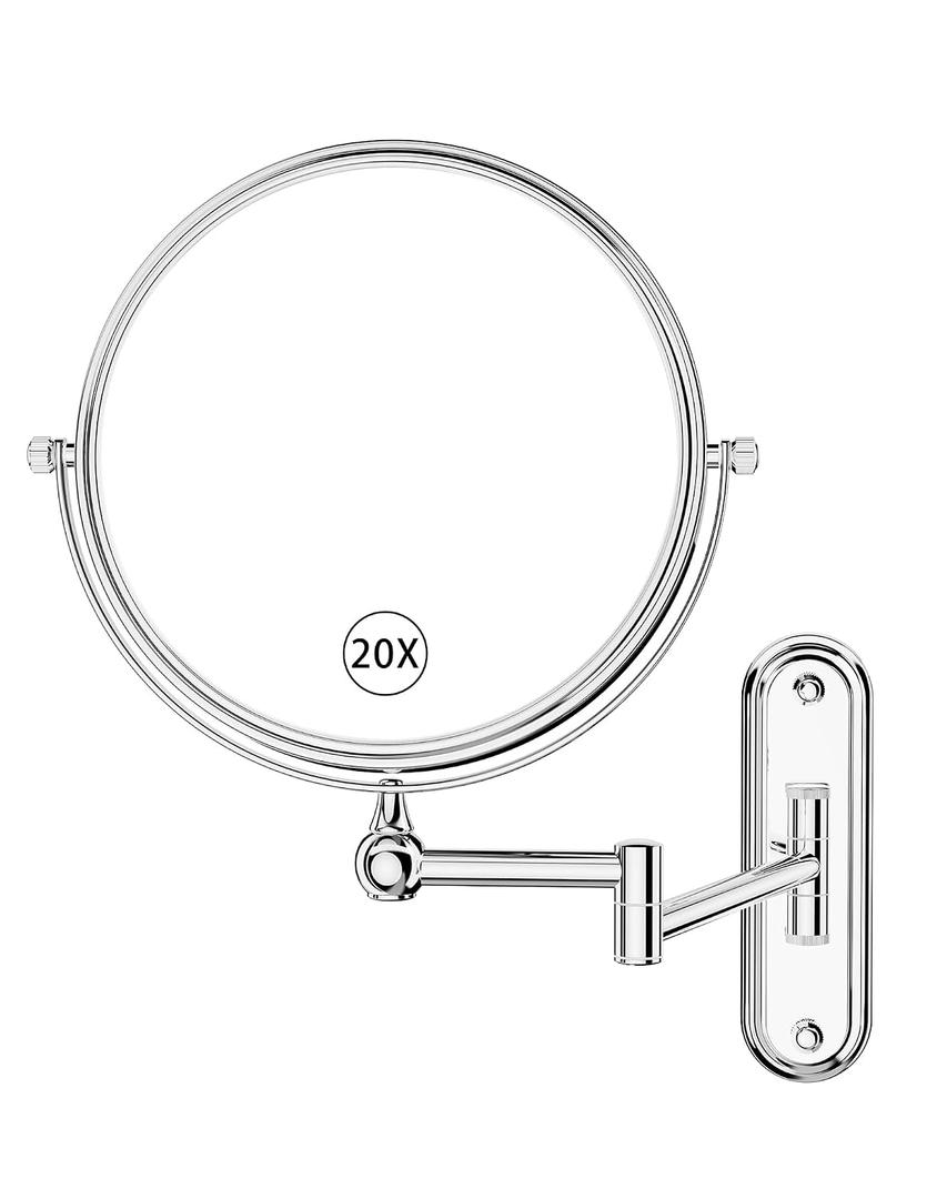 GURUN 8-Inch Wall Mount Makeup Mirror with 20X Magnification for Bathroom - 360 Rotation & Extended Arm Chrome Dual-Sided Bathroom Mirror for Makeup, Skincare for Mom (8in,20X)