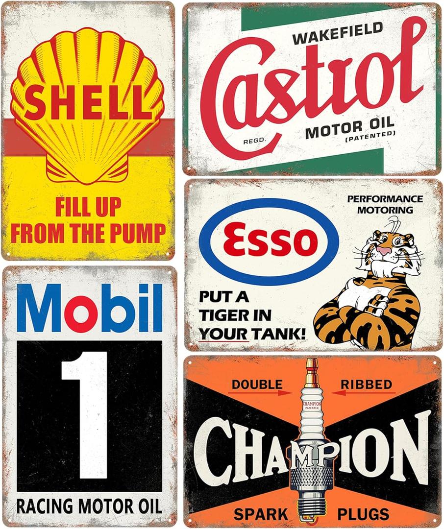 Vintage Metal Tin Signs Garage Signs, Man Cave Accessories Old Car Posters Motor Oil Antique Gas Oil Sign Tiki Bar Decor 8 x 12 Inch5pcs