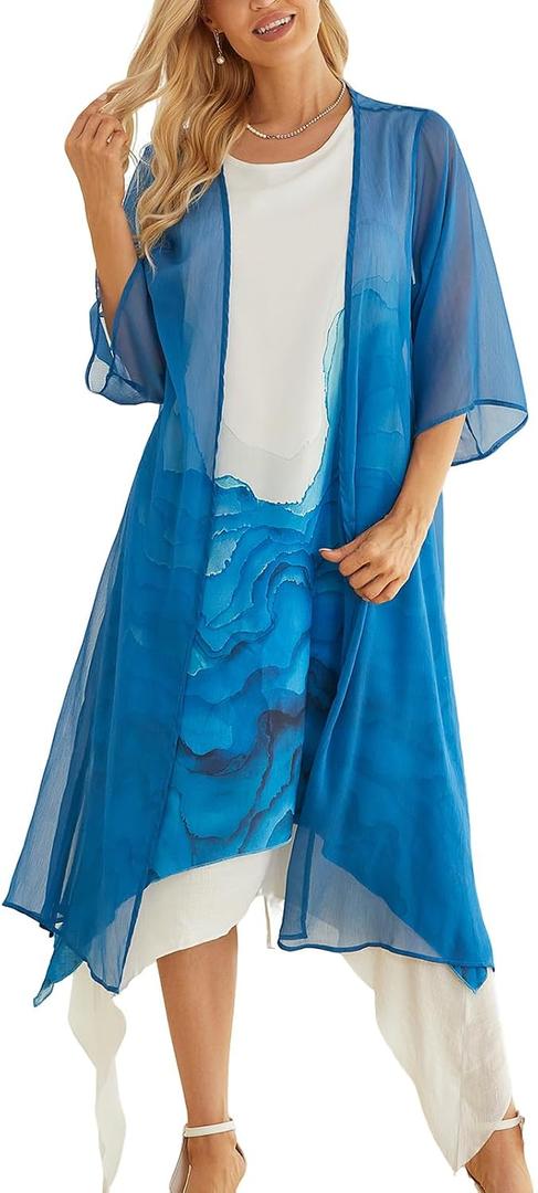 Honwenle Women's Linen Dress 2 Piece Outfit Floral Sleeveless Loose Maxi Summer Dresses with Jacket Formal Casual, X-Large, Blue-floral