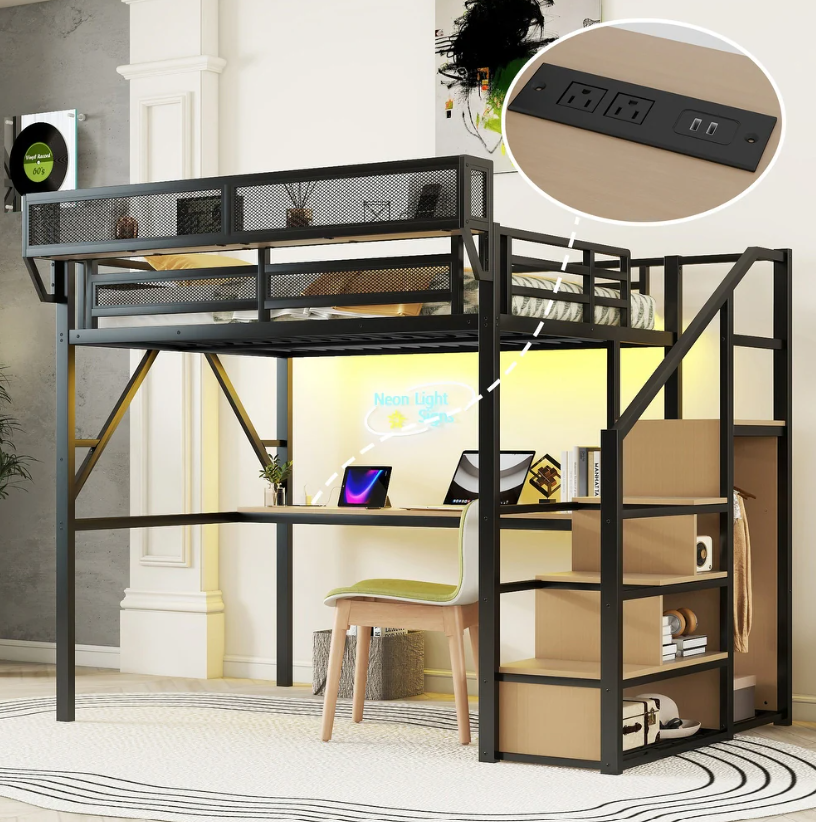 High Loft Bed Metal Bed Frame with Stairs Built-in Shelves and Wardrobe, Side Grid Rack, Light, Charging Station and Desk