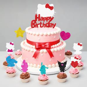 2 x Cute Cat Birthday Party Cake Toppers Decorations, 10Pcs hellow Cupcake Toppers For Cakes,Birthday's Celebrations