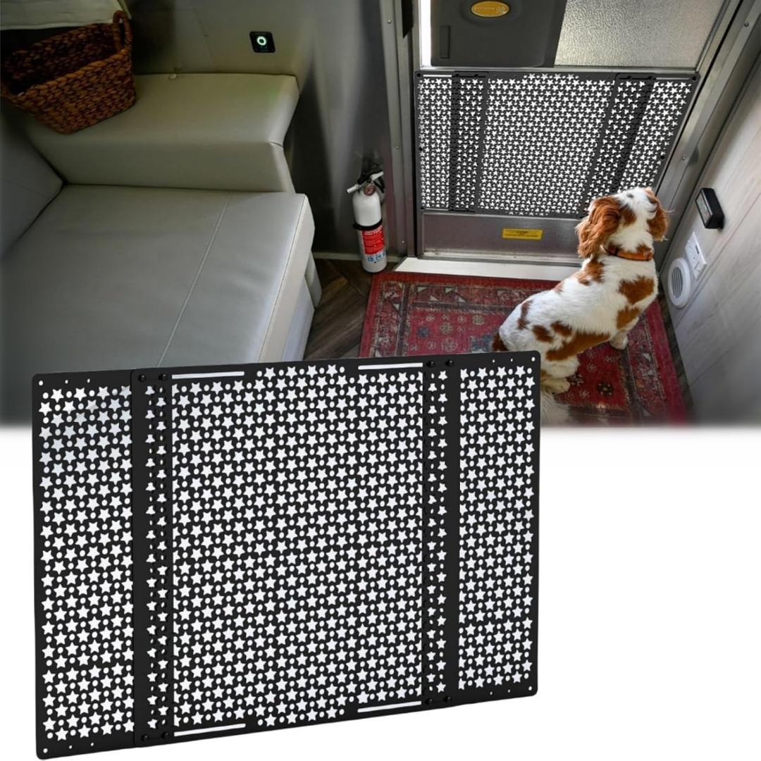Upgraded RV Screen Door Protector for Dogs, Universal RV Entry Screen Door Grille Adjustable from 22" - 31.5", Aluminum Alloy Protector Screen Defender for RV Door Camper Screen Door Protector (Black-Star)