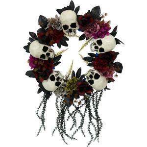 Haunted Hill Farm 24-In. Hanging Wreath with Skulls, Fall Flowers, and Vines, Front Porch Decor, Indoor or Covered Outdoor Halloween Decorations, Halloween Party Decorations for Door, Wall, or Windows