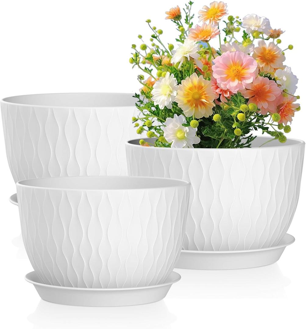 Meowell 12/10/9 inch Large Plant Pots, 3 Pack Wide Flower Pots for Outdoor Indoor Plants with Water Ripples, Big Plastic Planters with Drainage Holes and Saucers for Garden House Plants, White