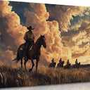Vintage Western Cowboy Canvas Wall Art Sunset Horse Rider Poster Print Artwork Mid Century Countryside Landscape Painting Picture Wall Decor for Living Room Bedroom Home Decoration 12x16in Framed