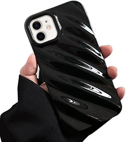 RALEAVO Cute Curly Wave Case for iPhone 12 6.1 inches, Water Ripple Pattern Phone Case Slim Shockproof Satin Glossy Cover for Girls Boys Silicone 3D Non-Slip Case -Black
