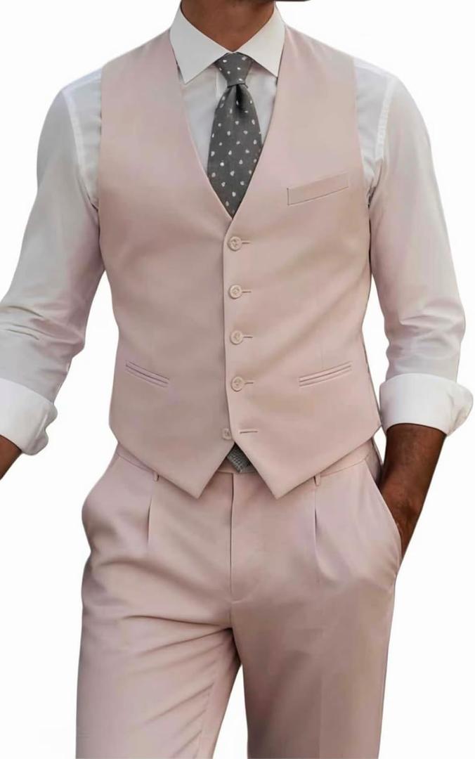 HUUTOE Mens Vest and Pants Suit 2 Piece Slim Fit Suits for Wedding Grooms Dress Waistcoat+Pants Casual Prom Tuxedo Set (One Size, Beige)