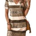 SOLY HUX Women's V Neck Color Block Short Dress Leopard Print Short Sleeve T Shirt Dresses Brown Multi Medium (M)