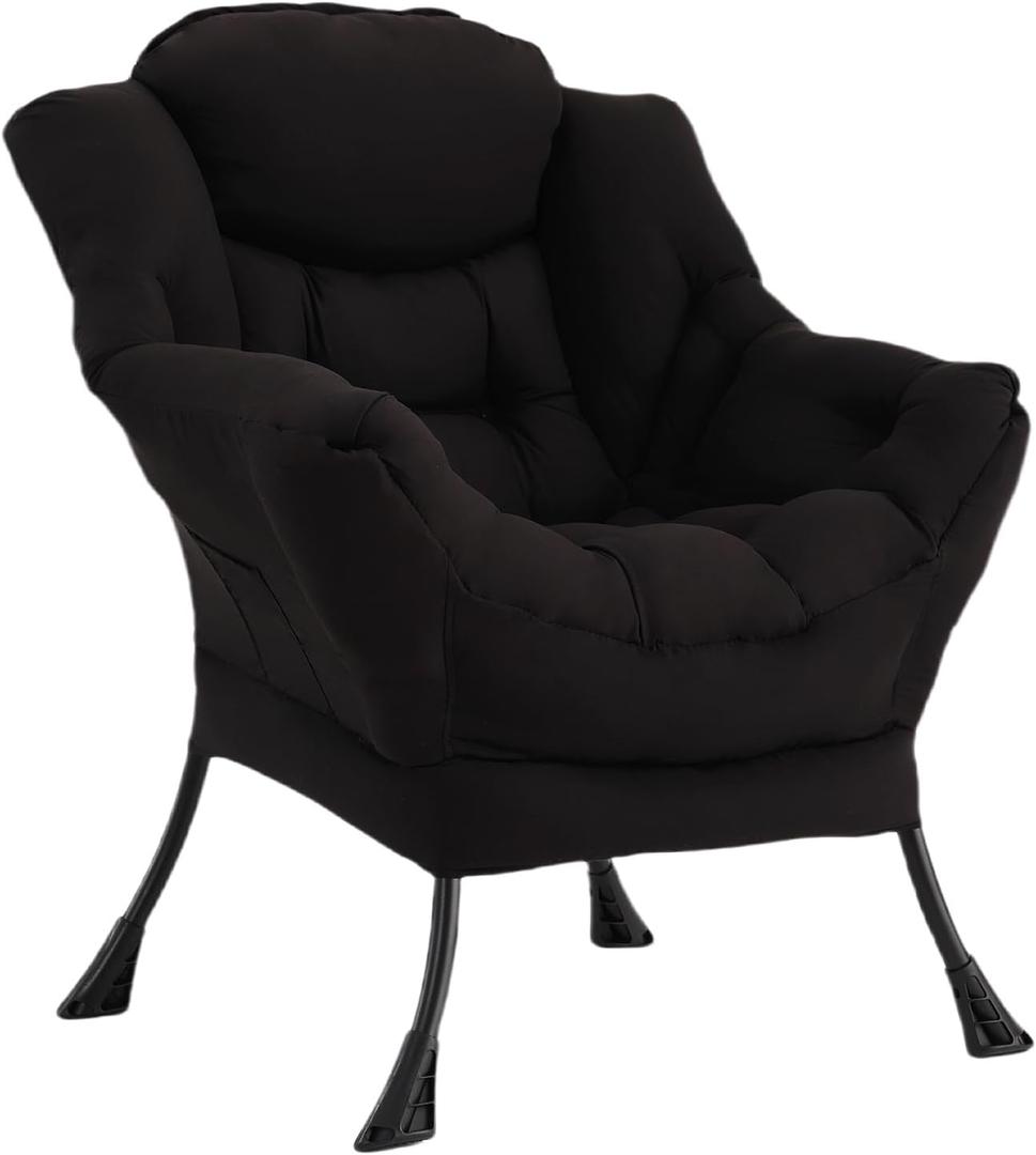 Welnow Black Single Lazy Chair for Living Room, Modern Reading Accent Chair with Armrests and a Side Pocket, Leisure Lazy Sofa Chair for Small Space, Bedroom, Dorm