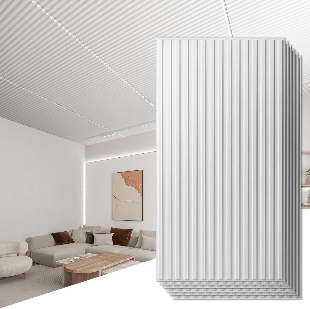 Art3d 6-Pack Slat Design 3D Wall Panels for Interior Wall Decor, 2x4 FT PVC Decorative Drop Ceiling Tiles - White (24 x 48in.)