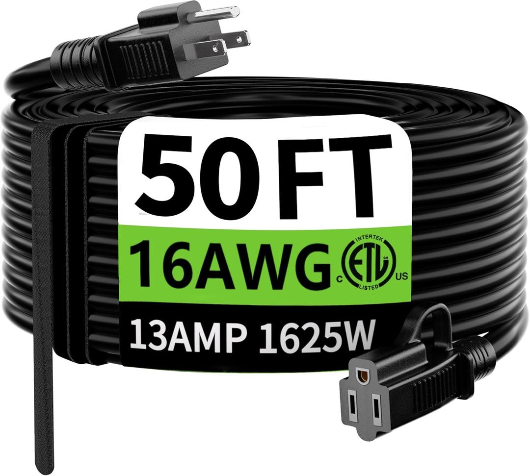 HUANCHAIN Indoor Outdoor Black Extension Cord 50 ft Waterproof, 16/3 Gauge Flexible Cold-Resistant Appliance Extension Cord Outside, 13A 1625W 16AWG SJTW, 3 Prong Heavy Duty Electric Cord, ETL