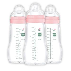 MAM Premium Glass Baby Bottles, Easy Switch Between Breast and Bottle, Feel Good Medium Flow, Newborn Essentials Must Have, 2+ Months, BPA Free, 9oz, Girl, 3 Pack (Pink)