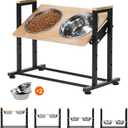 Adjustable Height Pet Feeder Stand with 2 Dishwasher-Safe Stainless Steel Bowls  Brown Wood Top & Black Metal Frame Elevated Food/Water Station for Dogs/Cats Under 100LBS (Large)