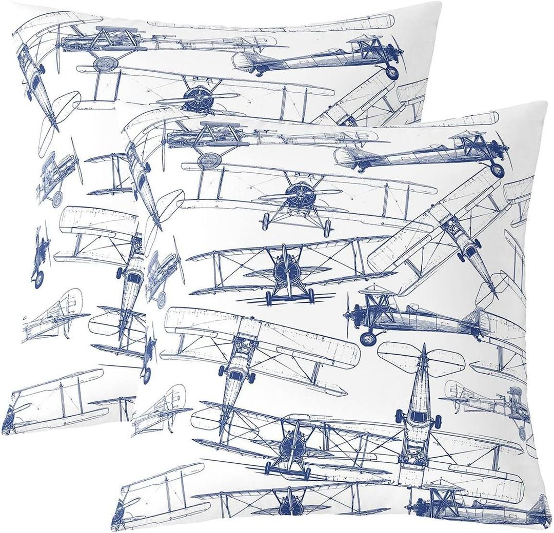 Feelyou Airplane Throw Pillow Covers 18"x18" Set of 2 Soft Kids Flight Decorative Throw Pillowcases Aircraft Pillow Cases Cushion Covers Helicopter Flying Plane Blue and White Cushion Cases (Multi 09)