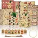 AILAMIDO Christmas Wrapping Gift Paper, 8 Sheets with 32.8ft Jute String, 1 Roll Adhesive Tape and 8 Unique Tags, Kraft Paper for Christmas, 50x70cm