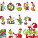 24 Pcs Christmas Tree Ornaments, 1 Pcs Christmas Decorations Hanging Sign with Rope, Wooden Green Small Xmas Tree Ornaments for Holiday Party Indoor Outdoor Christmas Tree Hanging Decorations