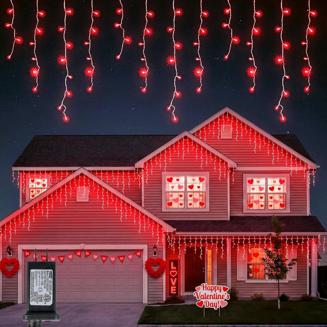 300LED Icicle Lights for Outside,Red Valentine Window Lights,8 Modes Plug in Red Curtain String Lights Waterproof for Valentines Day,Wedding,Party,Bedroom,Home,Wall,Backdrop,Christmas Decor