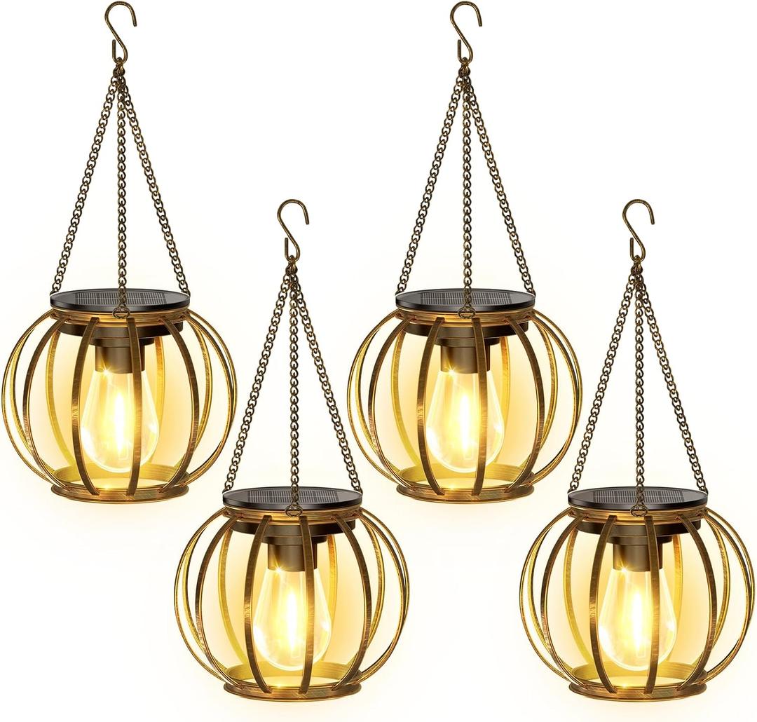 KOOPER Solar Lanterns Outdoor Waterproof, 4 Pack Upgraded Bronze Metal Hanging Solar Lights Outdoor Lanterns, Brighter Auto On/Off Outdoor Hanging Lantern for Yard Patio Pathway Porch Garden Decor