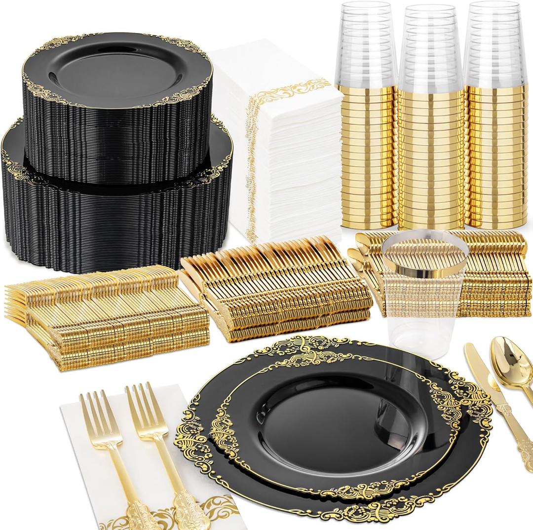 Nervure 350PCS Black Plastic Plates - Black Plastic Dinnerware Sets for 50 Guests - 100 Disposable Plates, 150 Gold Silverware, 50 Cups, 50 Napkins for Wedding & Party & Halloween
