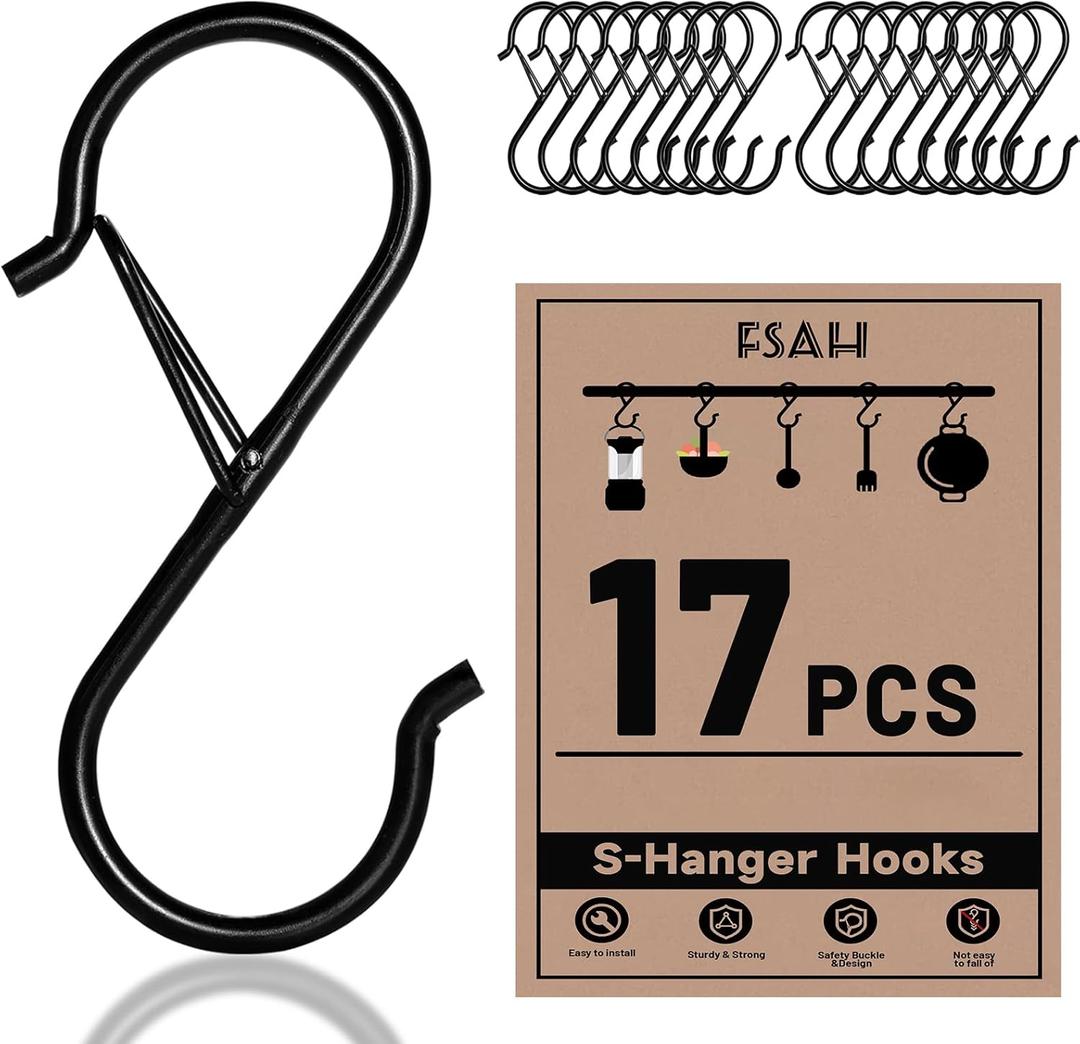 FSAH 17 Pcs S Hooks for Hanging Safety Buckle, 3.5 Inch Stainless Steel S Shaped Locking Hooks for Colleague Dorm, Kitchen, Plants Pots Towels Bags, Black