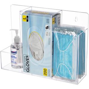 Acrylic Hygiene Dispenser Station with 3 Compartments - Triple Sanitation Station Holder Dispenser for Face Masks, Gloves Box, Hand Sanitizer, Hairnets, Tissues- Wall Mount or Tabletop