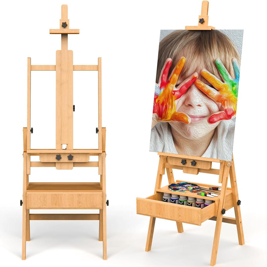 Large Wood H-Frame Easel with Storage Drawer, Foldable Art Painting Easel for Adults and Students, Adjustable Artist Easel Stand for Painting and Display, Holds Canvas Art up to 48"