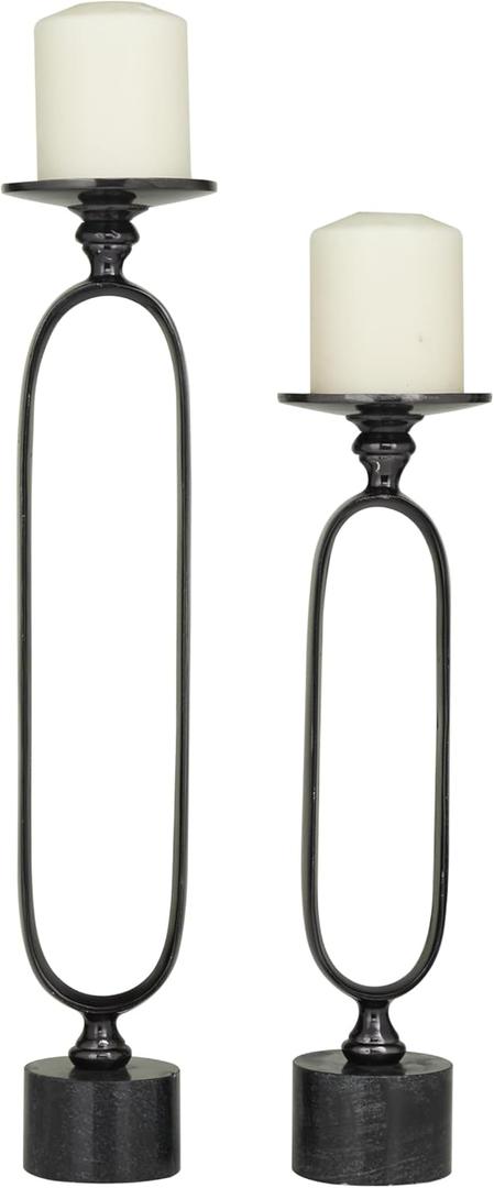 Deco 79 Aluminum Paper Clip Pillar Candle Holder with Marble Base, Set of 2 15", 19"H, Black