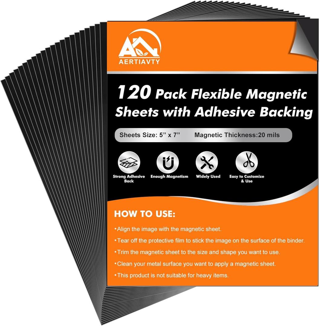Aertiavty 120 Packs Magnetic Sheets with Adhesive Backing 5x7 Inch Adhesive Magnetic Sheets for Dies Storage - 20 Mil Magnetic Contact Paper Peel and Stick, Magnetic Strips with Adhesive Backing