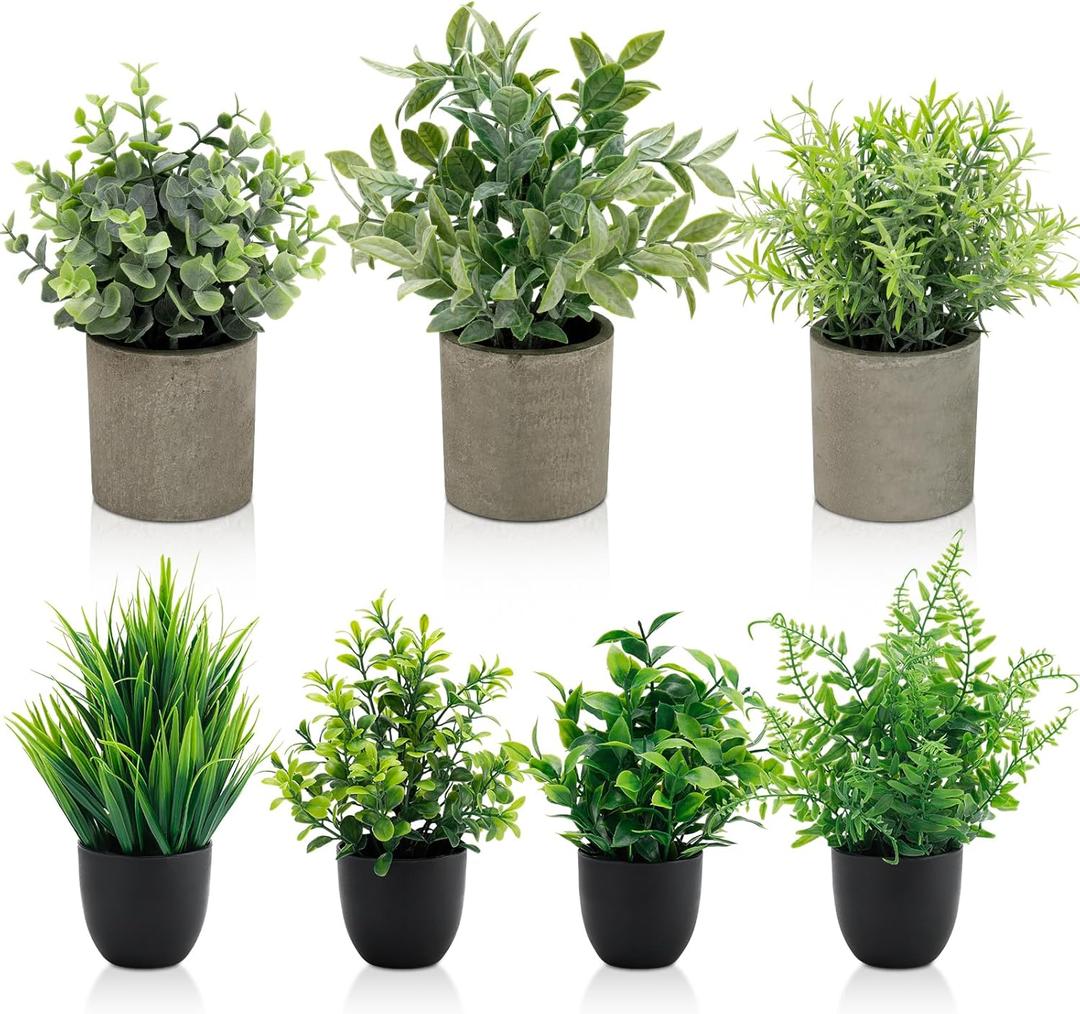 AUUGUU Artificial Potted Plants Faux Greenery in Cement Pots for Shelf, Bookshelf, Office or Home Decor, Small Decorative Fake Plants for Modern Indoor Display (7, XXL)