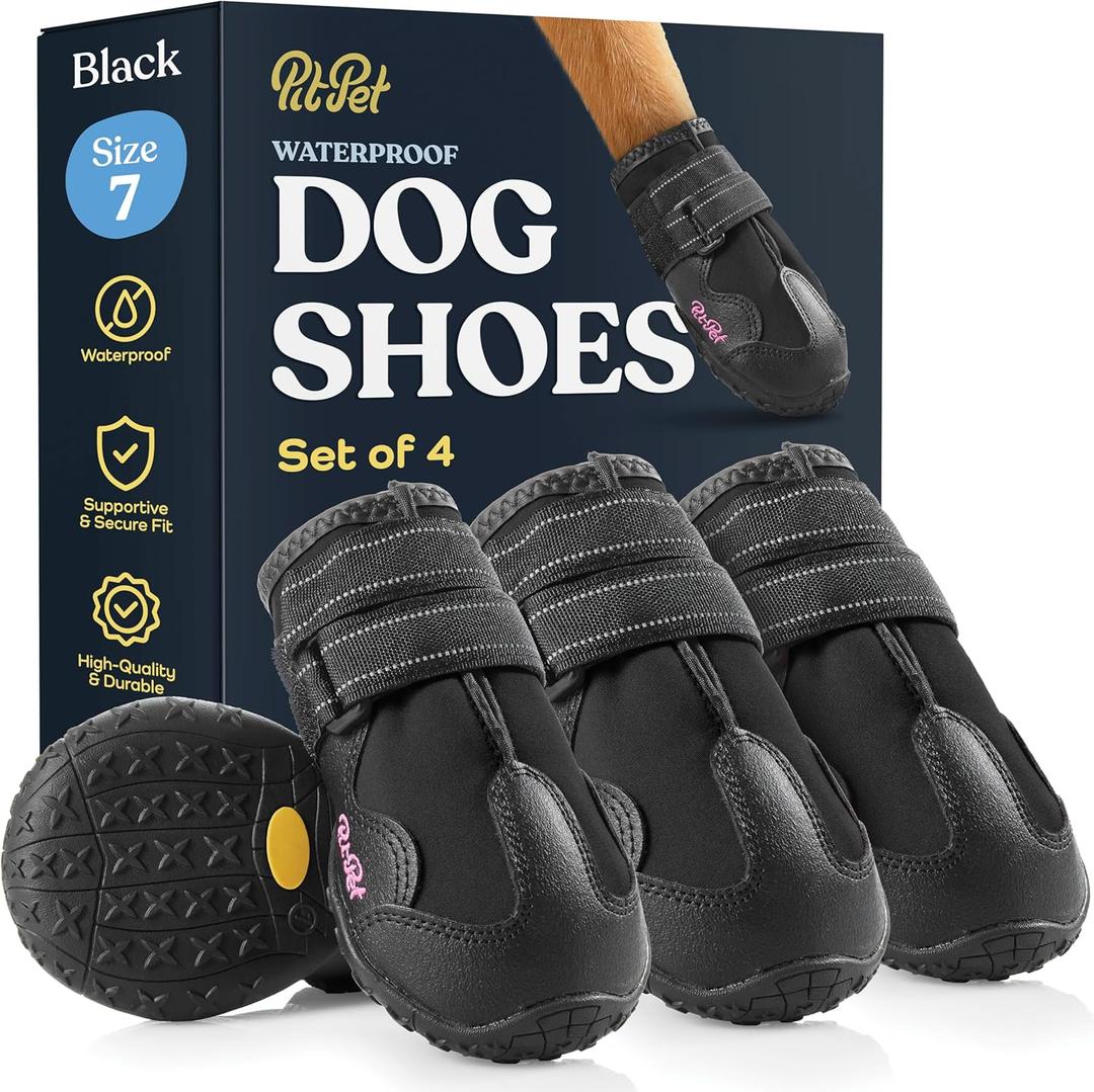 Waterproof Dog Shoes - Stylish Designed Shoes for Dogs - Dog Boots with Non-Slip Rubber Bottom Protects Paw from Hot or Cold Pavement, Dog Booties with Reflective Straps for Dogs Safety, Puppy Shoes Black, Size 7: 2.99"Width 2.95"Length