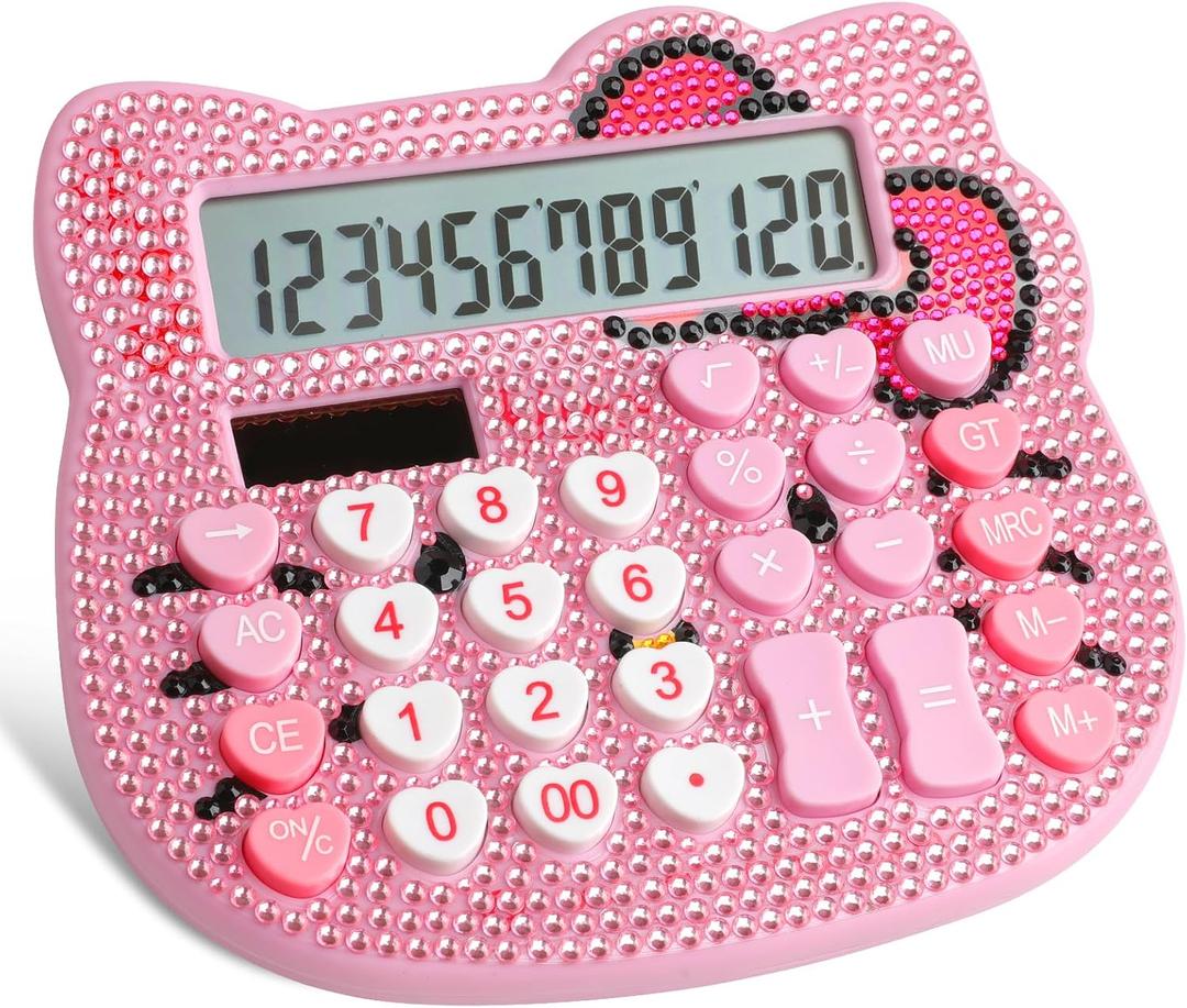 Cute Rhinestones Calculator with 12-Digit LCD Display,Dual Drive by Solar Energy and Battery for Girls and Women (Pink+Rhinestones)