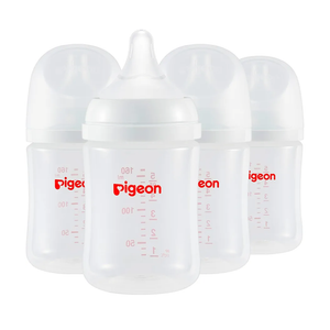 Pigeon PP Nursing Bottle Wide Neck, Anti-Colic, Streamlined Body, Natural Feel, Easy to Clean, 5 Oz (Pack of 4), Includes 4pcs SS Nipples (0m+)