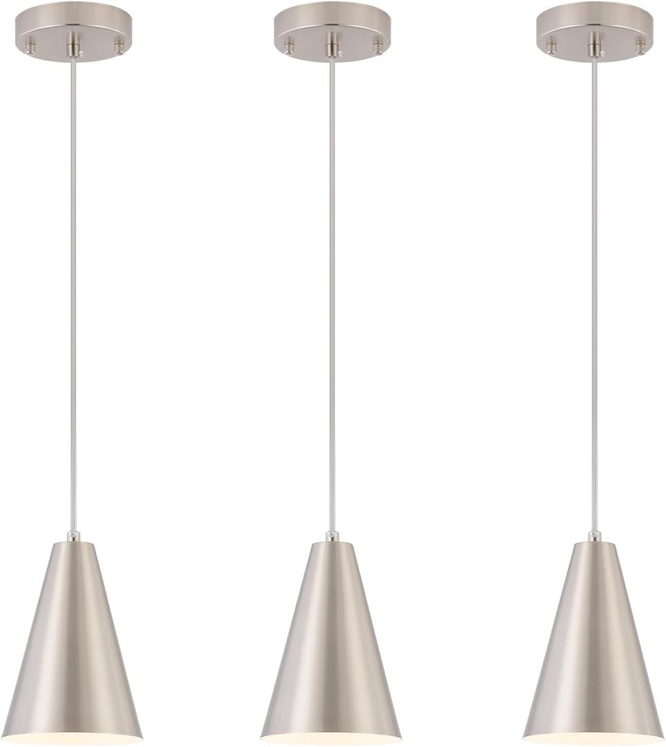 Brushed Nickel Pendant Lights Kitchen Island,Dining Room Light Fixtures Over Table 3 Pack with Silver Cone Metal Shade, Modern Farmhouse Small Chandeliers,Adjustable Cord Hanging Lighting for Sink