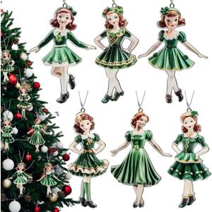 Barydat 6 Pcs Irish Dancer Girl Christmas Ornament Metal Hanging Irish Gift Lucky Clover Dress Xmas Tree Ornament St. Patrick's Day Decor for Christmas Ireland Festival Birthday Gift