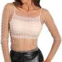 Women's Pearl Rhinestone See Through Long Sleeve Mesh Blouse One Piece Cover Up Halloween Festival Crop Top