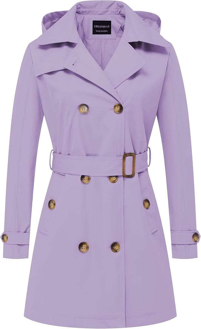 CREATMO US Women's Trench Coat Double-Breasted Classic Lapel Overcoat Belted Slim Outerwear Coat with Detachable Hood (X-Large, Light Purple)