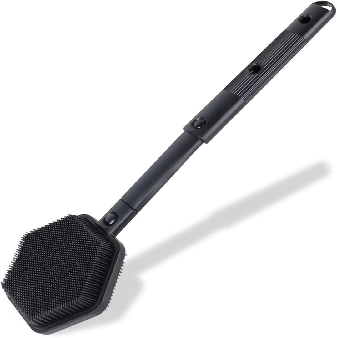 21 Inches Silicone Back Scrubber for Shower - Extendable Long Handle Shower Brush with Stiff and Soft Bristles - Exfoliating and Massage - Back Brush for Shower Men & Women (Black)