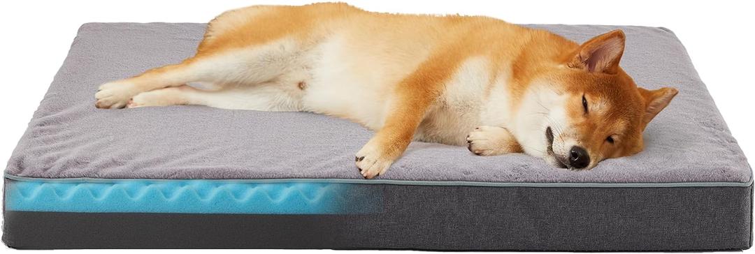 Memory Foam Large Dog Bed, Cooling Dog Beds for Large Dogs, Washable Orthopedic Pet Bed for Crate with Joint Relief Memory Foam, Waterproof Liner and Plush Cover (35x 22) (Purple Grey)
